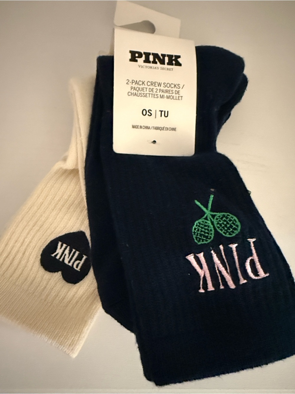 Blue Crew Socks w/ Pink Logo/Green Tennis Rackets & Cream Crew Socks with Heart